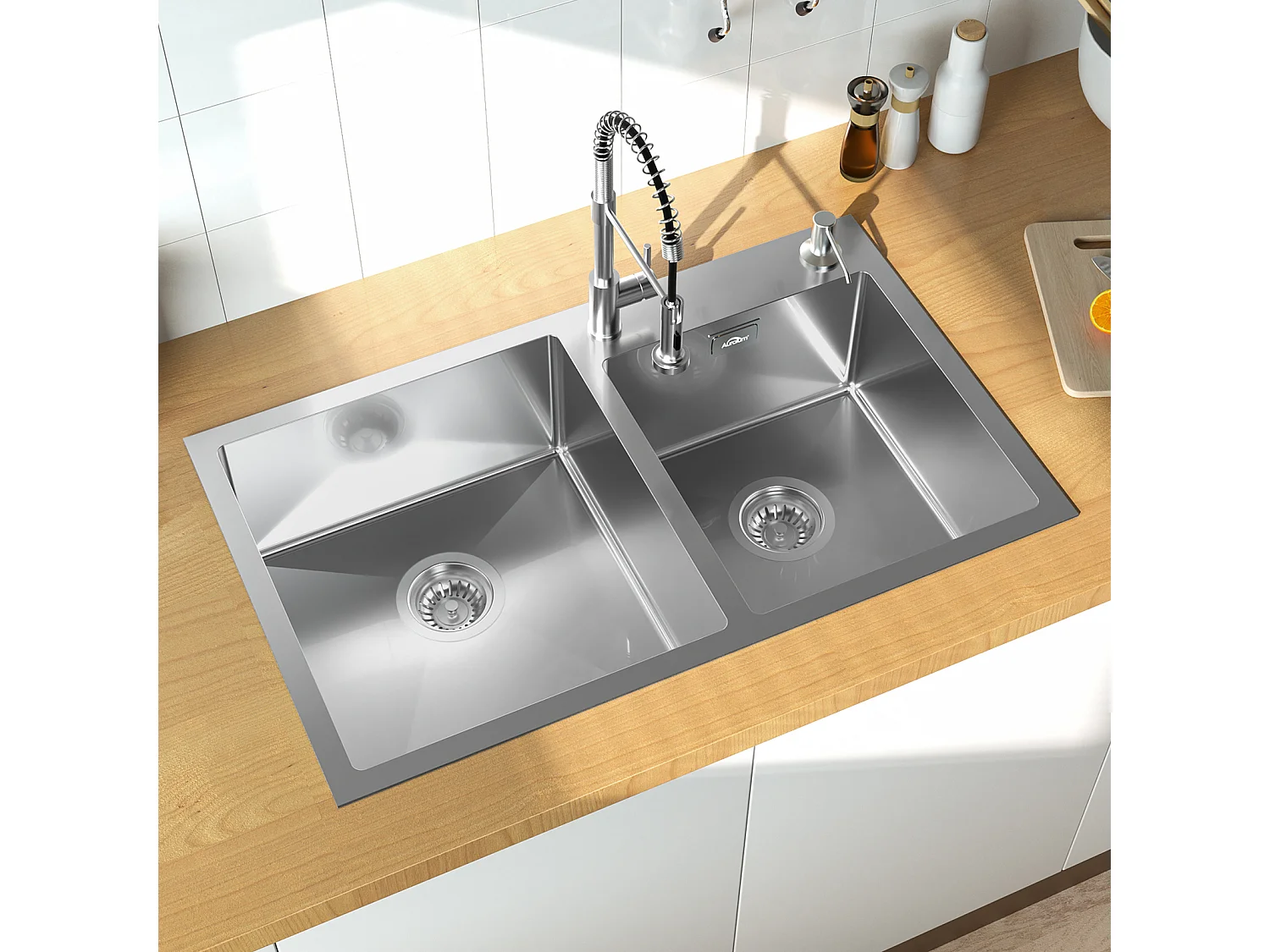 Fregadero Cocina 2 Bandeja 75x45x19cm, Empotrado / para colocar con dispensadorDe Jabón+Grifo Cocina con Ducha Extensible,2 Modos,Cepillado