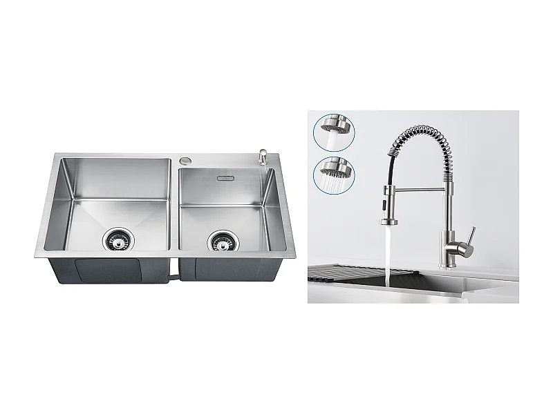 Aanrecht 2 Bak 75x45x19cm, Inbouw/ Opbouw met Zeepdispenser+ Keukenkraan met Uitschuifbare Handdouche, 2 Modi, Geborsteld