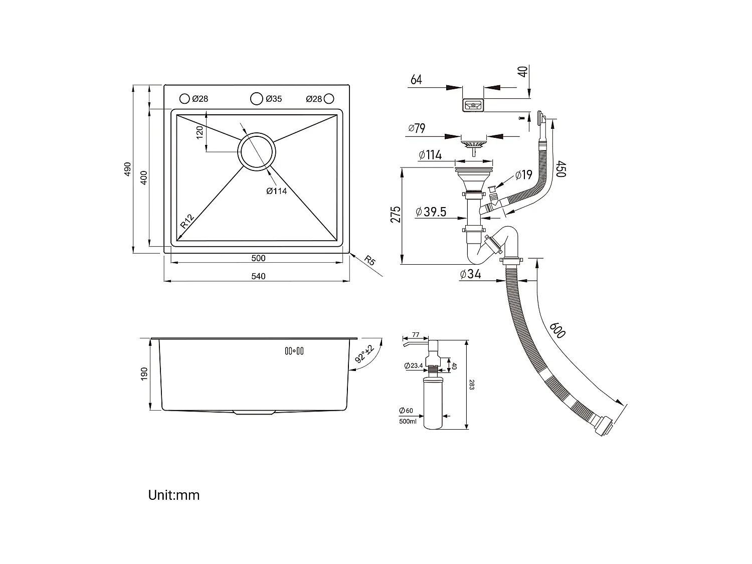 Evier Cuisine 1 Bac 54*49*20 CM,Inox 304 ,Evier à Encastrer/à Fleur de Plan avec Distributeur de Savon,Lavabo Cuisine avec 3 Trous,Noir Gris
