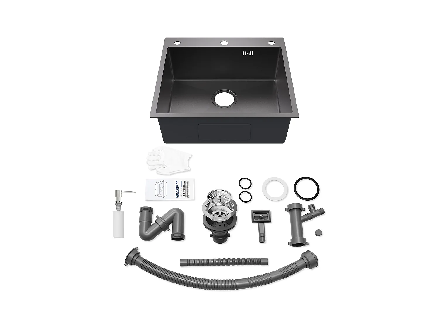 Evier Cuisine 1 Bac 54*49*20 CM,Inox 304 ,Evier à Encastrer/à Fleur de Plan avec Distributeur de Savon,Lavabo Cuisine avec 3 Trous,Noir Gris