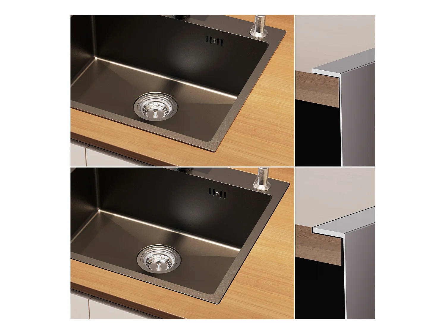 Evier Cuisine 1 Bac 54*49*20 CM,Inox 304 ,Evier à Encastrer/à Fleur de Plan avec Distributeur de Savon,Lavabo Cuisine avec 3 Trous,Noir Gris