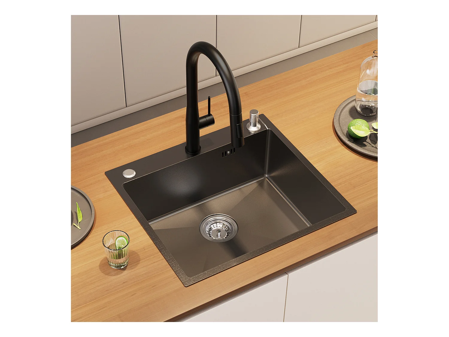 Evier Cuisine 1 Bac 54*49*20 CM,Inox 304 ,Evier à Encastrer/à Fleur de Plan avec Distributeur de Savon,Lavabo Cuisine avec 3 Trous,Noir Gris