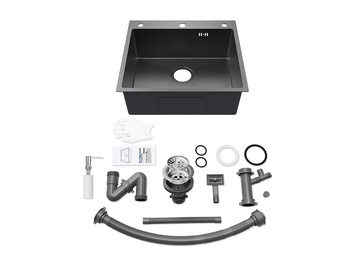 Evier Cuisine 1 Bac 54*49*20 CM,Inox 304 ,Evier à Encastrer/à Fleur de Plan avec Distributeur de Savon,Lavabo Cuisine avec 3 Trous,Noir Gris