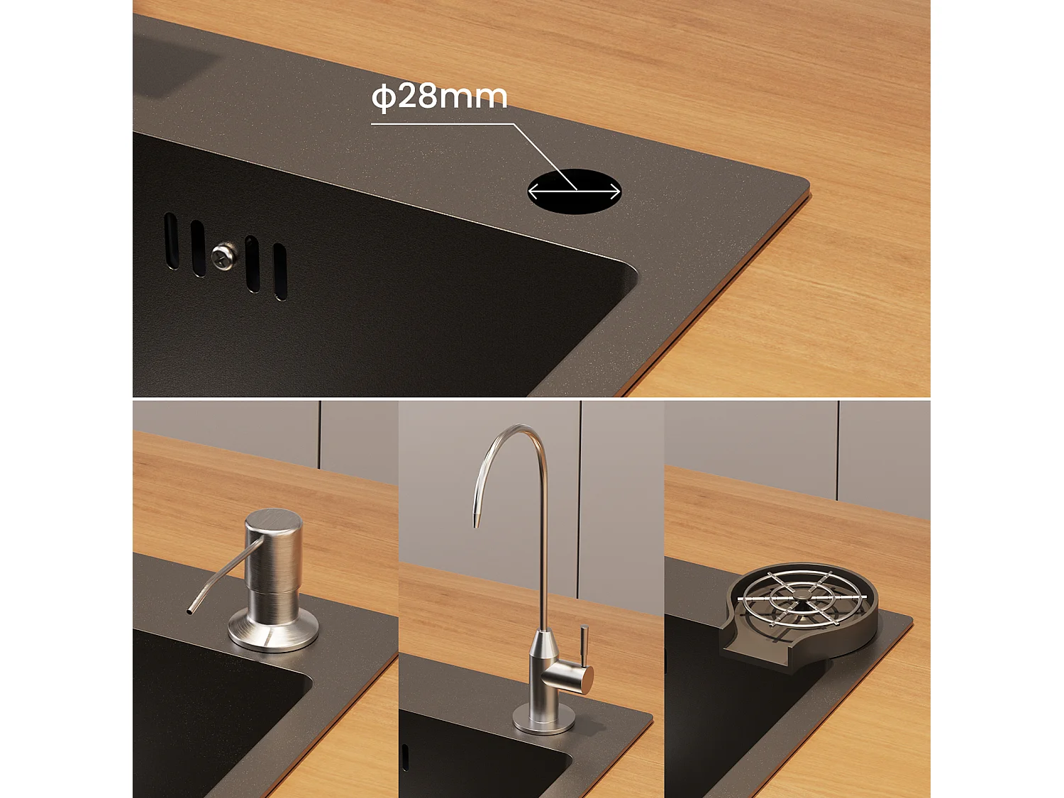 Evier Cuisine 1 Bac 54*49*20 CM,Inox 304 ,Evier à Encastrer/à Fleur de Plan avec Distributeur de Savon,Lavabo Cuisine avec 3 Trous,Noir Gris