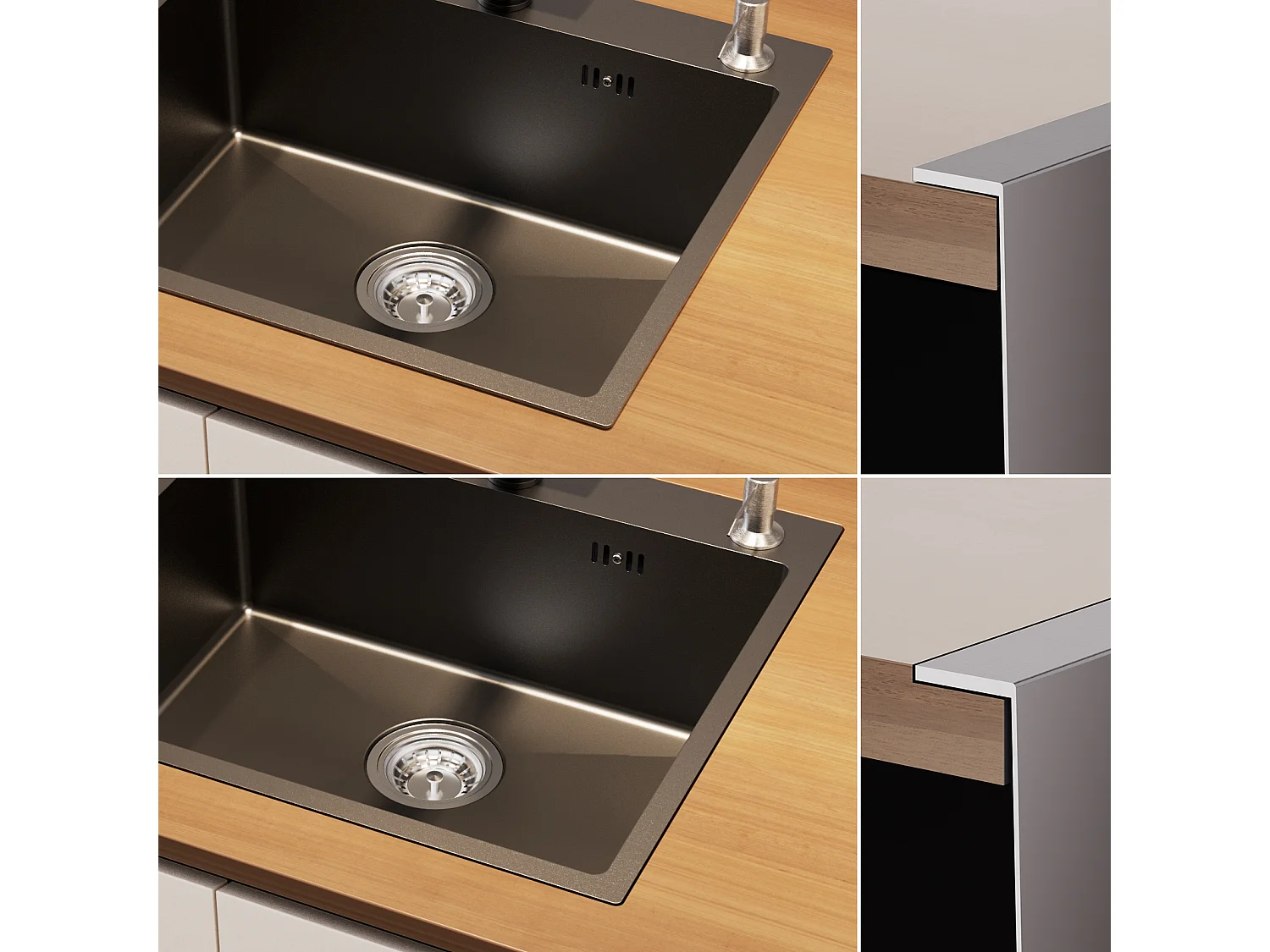Evier Cuisine 1 Bac 54*49*20 CM,Inox 304 ,Evier à Encastrer/à Fleur de Plan avec Distributeur de Savon,Lavabo Cuisine avec 3 Trous,Noir Gris