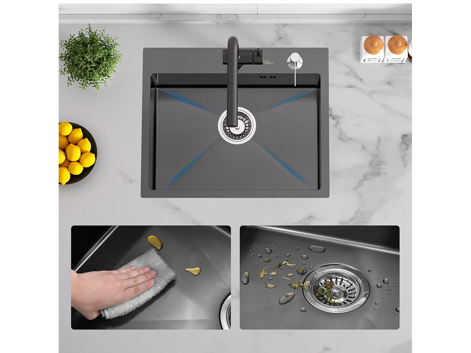 AuraLum Max Évier 1 Bac 55x45x18.5CM Évier à Encastrer Inoxydable Évier Cuisine Gris foncé avec Distrubuteur de savon/Ensemble de drainage,EU Modèle