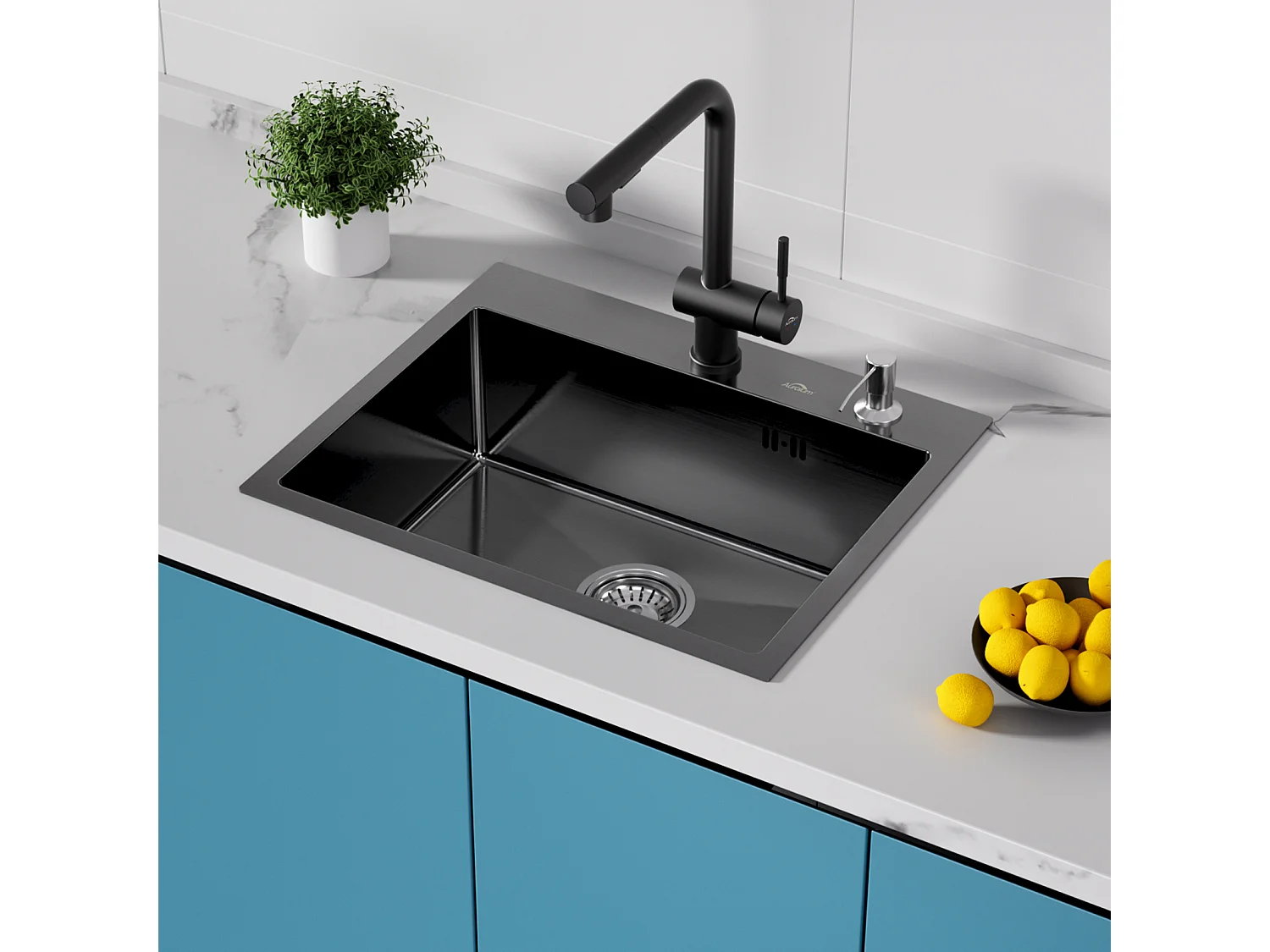 AuraLum Max Évier 1 Bac 55x45x18.5CM Évier à Encastrer Inoxydable Évier Cuisine Gris foncé avec Distrubuteur de savon/Ensemble de drainage,EU Modèle