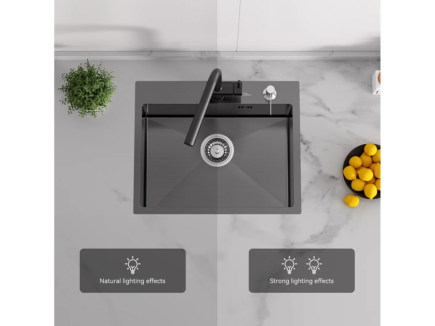 AuraLum Max Lavello 1 vasca 55x45x18.5CM Lavello inossidabile Lavello da cucina Grigio scuro con Distributore di sapone /Set drenaggio,Modello UE