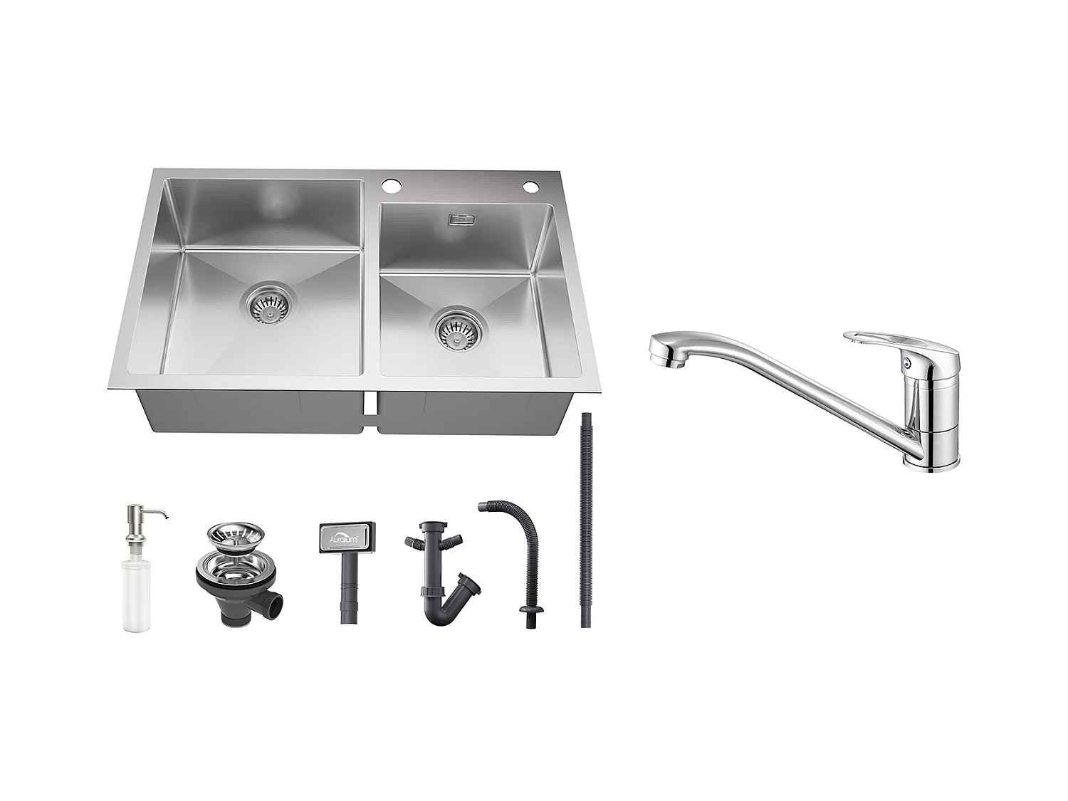 Évier  Cuisine 2 Bac 75x45x19cm,Encastré/ à Poser avec Distributeur Savon+Robinet Cuisine,Orientable à 360°,Eau Chaude/Froide,en Laiton,Chromé