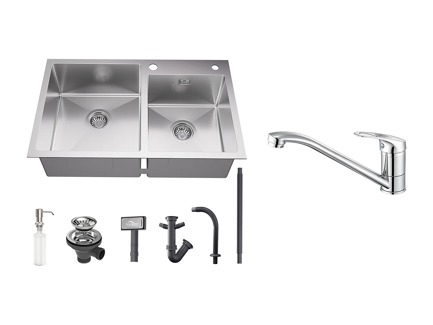 Aanrecht 2 bakken 75x45x19cm, inbouw/opzetbaar met zeepdispenser+keukenkraan, 360° draaibaar, warm/koud water, messing, verchroomd