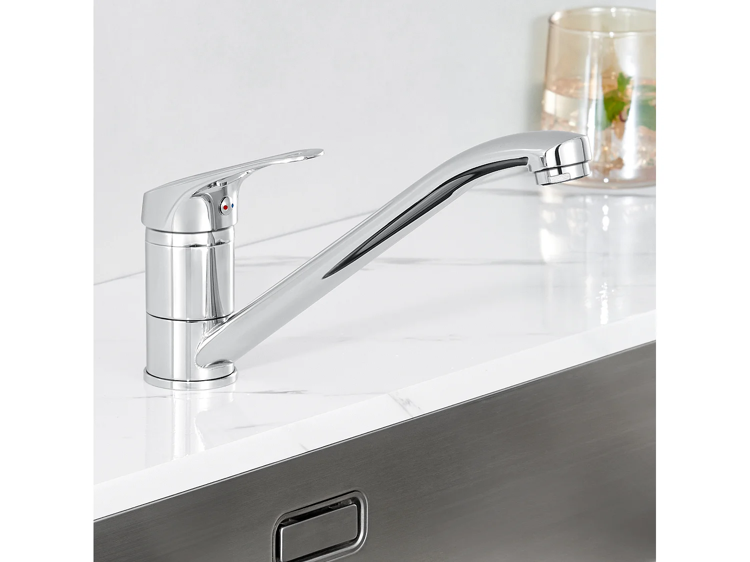 Aanrecht 2 bakken 75x45x19cm, inbouw/opzetbaar met zeepdispenser+keukenkraan, 360° draaibaar, warm/koud water, messing, verchroomd