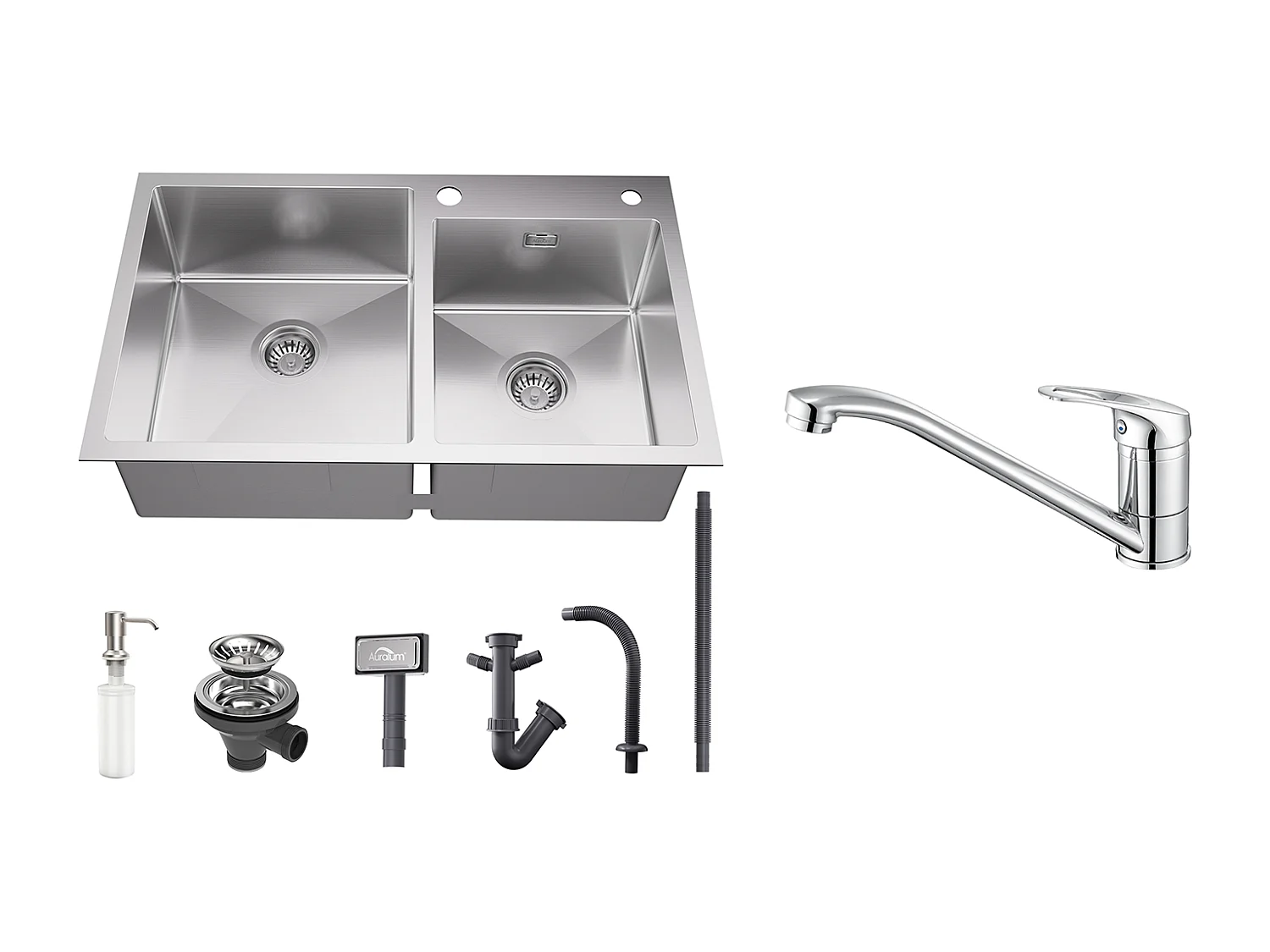 Évier  Cuisine 2 Bac 75x45x19cm,Encastré/ à Poser avec Distributeur Savon+Robinet Cuisine,Orientable à 360°,Eau Chaude/Froide,en Laiton,Chromé
