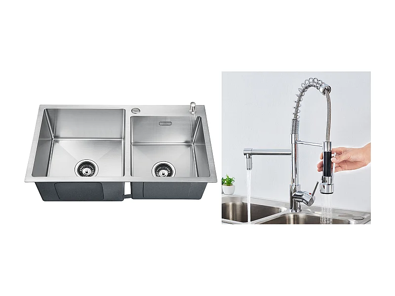 2 en 1 Évier de Cuisine 2 Bac 75x45x19cm,Encastré/ à Poser avec Distributeur de Savon+Robinet Cuisine Rotatif 360° Douchette Extractible