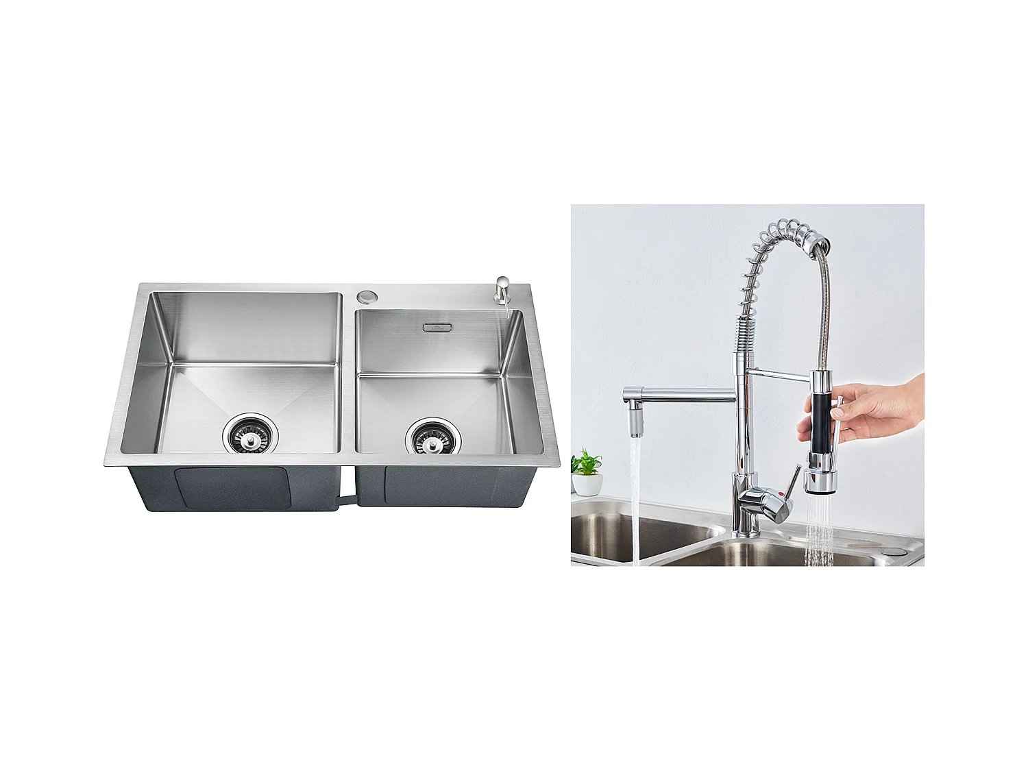 2 en 1 Évier de Cuisine 2 Bac 75x45x19cm,Encastré/ à Poser avec Distributeur de Savon+Robinet Cuisine Rotatif 360° Douchette Extractible