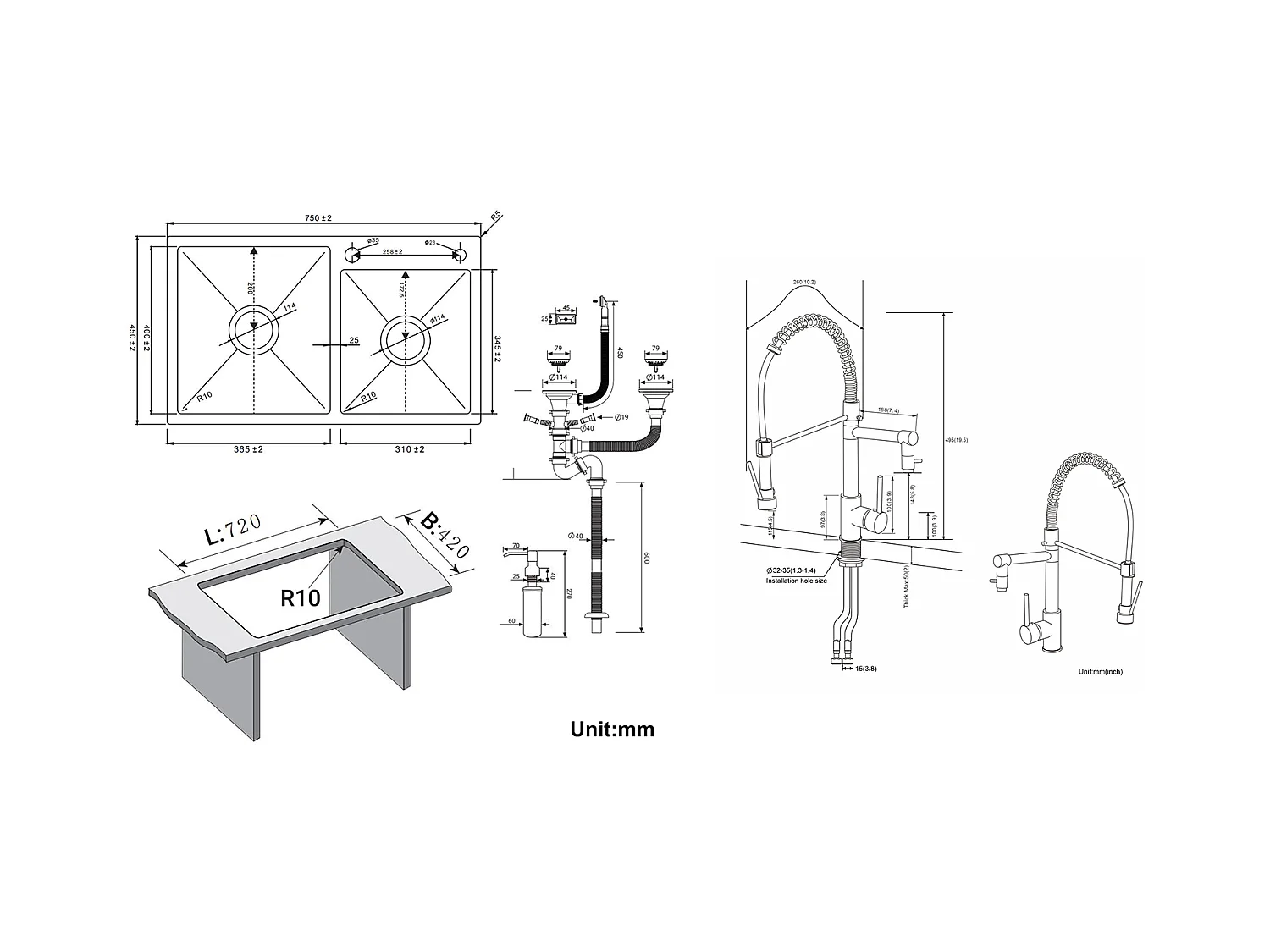 2 en 1 Évier de Cuisine 2 Bac 75x45x19cm,Encastré/ à Poser avec Distributeur de Savon+Robinet Cuisine Rotatif 360° Douchette Extractible