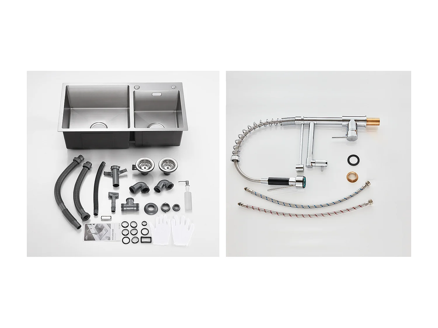 2 in 1 Küchenspüle 2 Becken 75x45x19cm, Einbau-/Aufsatzspüle mit Seifenspender + 360° drehbarer Küchenarmatur mit ausziehbarer Brause