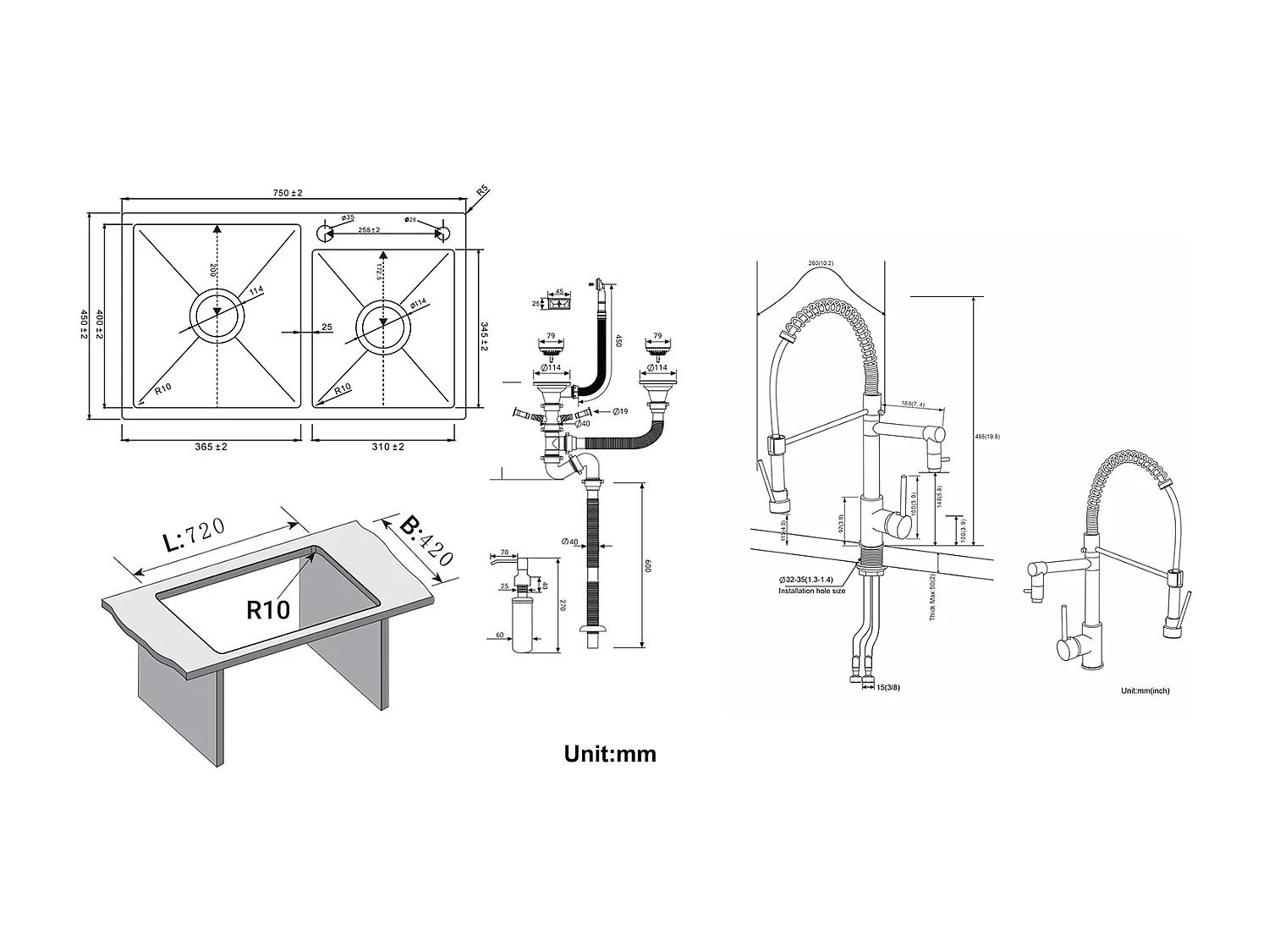 2 en 1 Évier de Cuisine 2 Bac 75x45x19cm,Encastré/ à Poser avec Distributeur de Savon+Robinet Cuisine Rotatif 360° Douchette Extractible
