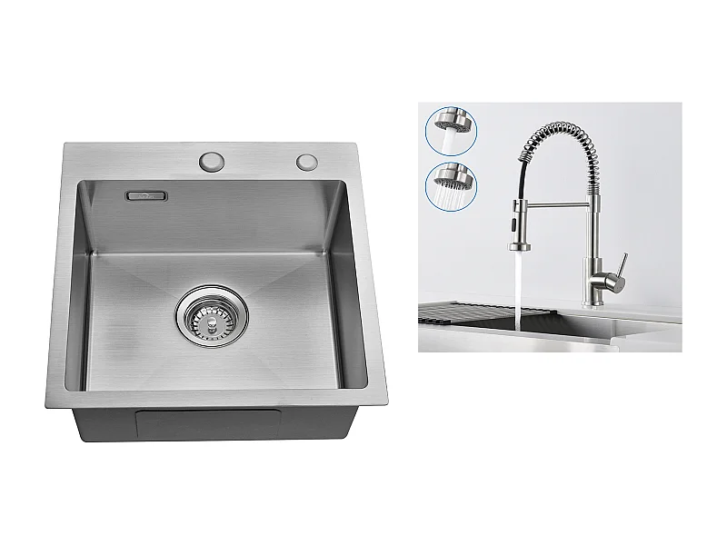 Évier Cuisine 1 Bac 45x45CM Acier Inoxydable,encastré et à Poser+Robinet de Cuisine à Ressort avec Douchette Extensible,2 Modes, Pivotant  360°,Brossé
