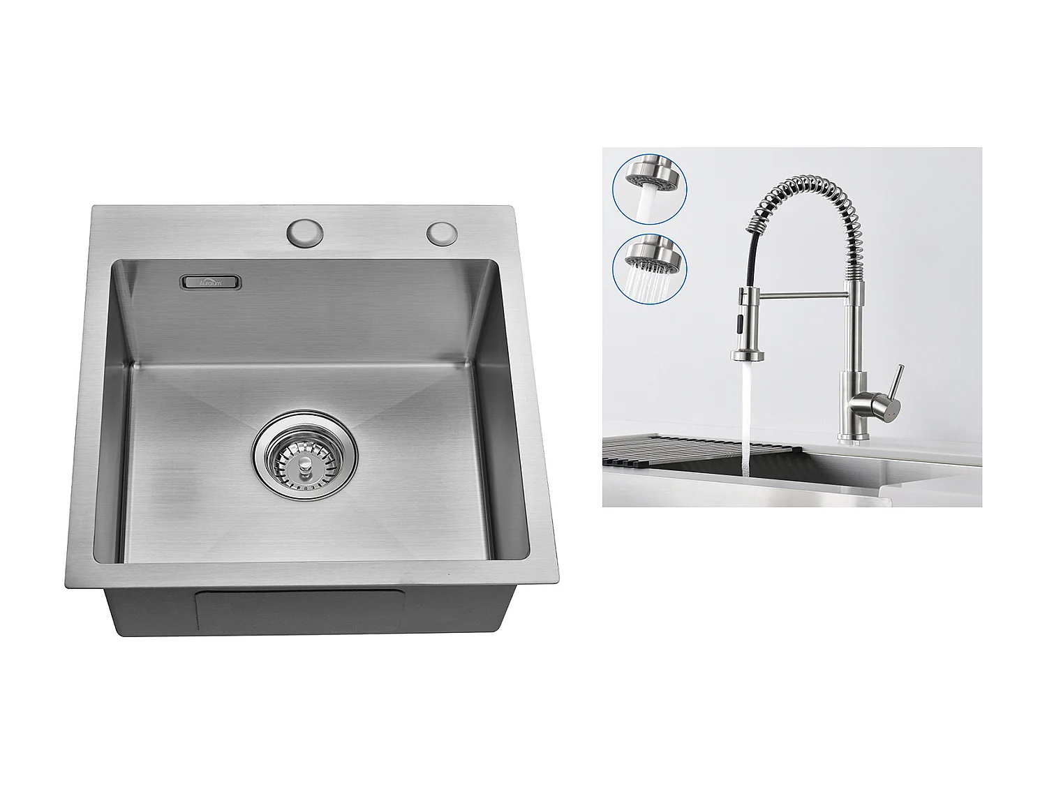 Évier Cuisine 1 Bac 45x45CM Acier Inoxydable,encastré et à Poser+Robinet de Cuisine à Ressort avec Douchette Extensible,2 Modes, Pivotant  360°,Brossé