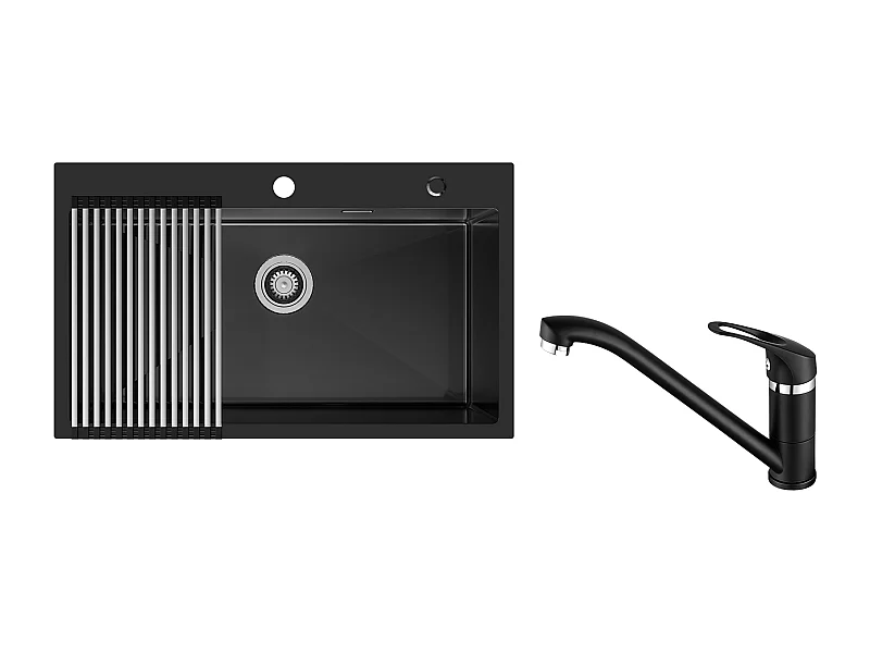 Auralum MAX Évier de Cuisine 1 Bac 75 x 45 cm,Évier Inox Noir avec Égouttoir Pliable+Robinet Cuisine,Orientable 360°,Eau Chaude/Froide,Noir