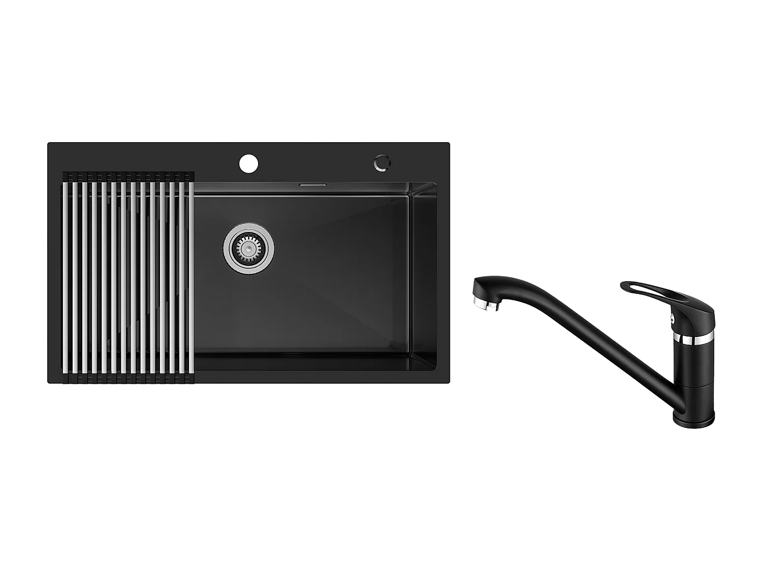 Auralum MAX Évier de Cuisine 1 Bac 75 x 45 cm,Évier Inox Noir avec Égouttoir Pliable+Robinet Cuisine,Orientable 360°,Eau Chaude/Froide,Noir