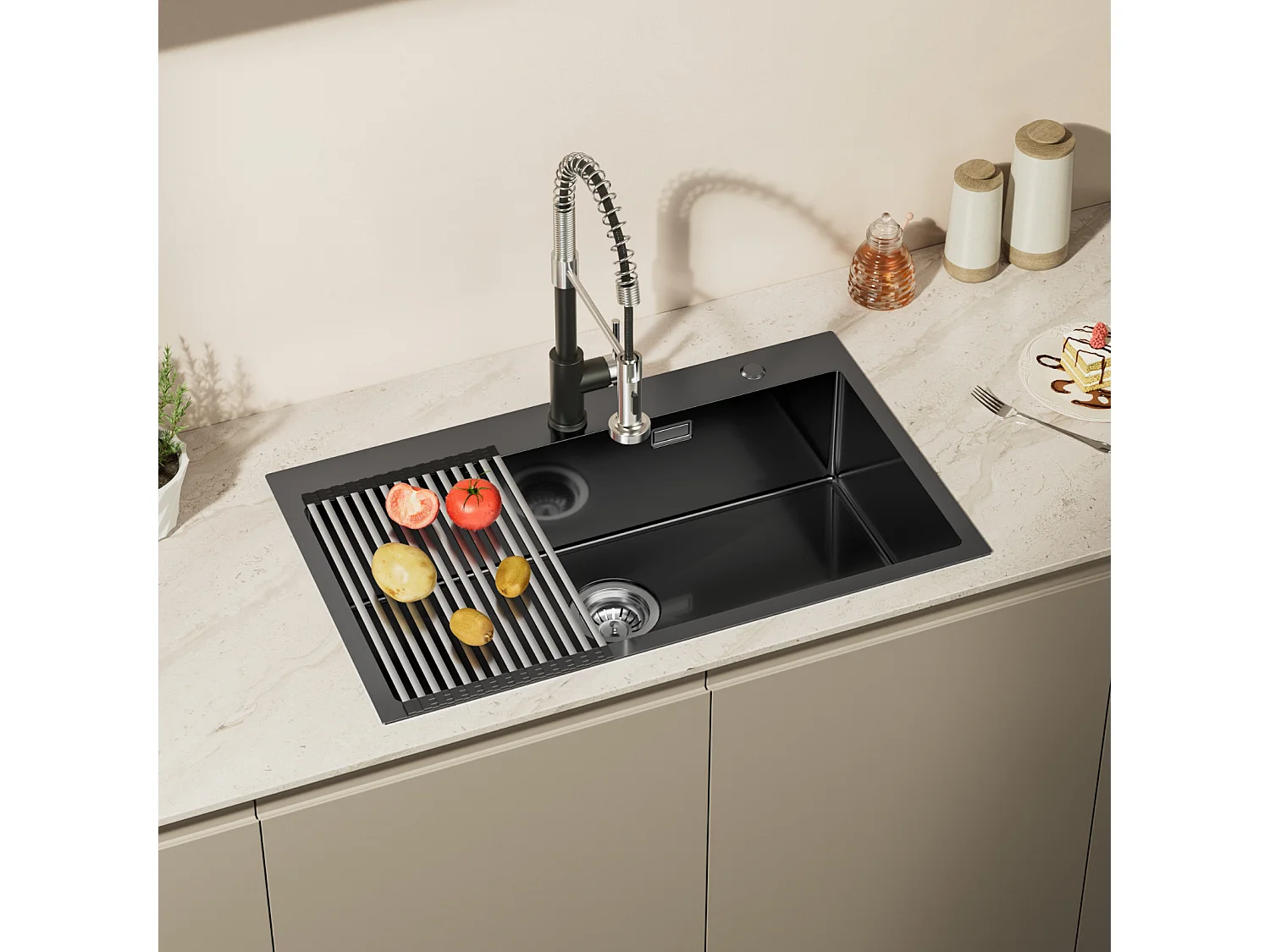 Auralum MAX Évier de Cuisine 1 Bac 75 x 45 cm,Évier Inox Noir avec Égouttoir Pliable+Robinet Cuisine,Orientable 360°,Eau Chaude/Froide,Noir