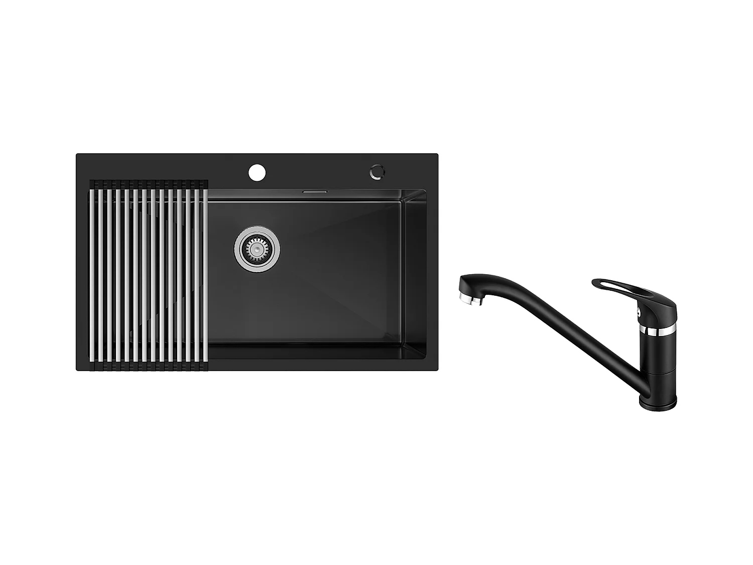 Auralum MAX Évier de Cuisine 1 Bac 75 x 45 cm,Évier Inox Noir avec Égouttoir Pliable+Robinet Cuisine,Orientable 360°,Eau Chaude/Froide,Noir
