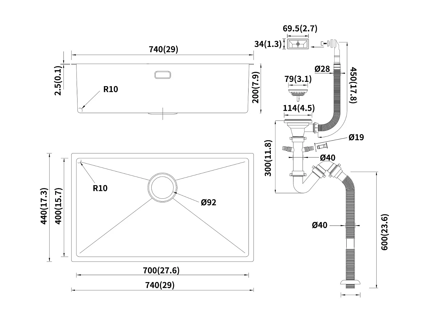 Lonheo Max Évier Cuisine1 Bac 74*44*20CM Évier Montage à Encastrer,à Fleur ou Sous-Plan Inoxydable 304 Évier avec Système Drainage, Noir,EU Modèle