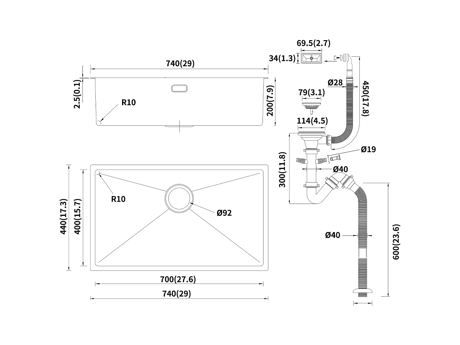 Lonheo Max Fregadero Cocina1 Bandeja 74*44*20CM Fregadero Montaje empotrado,de flor/ subplano inoxidable 304,con sistema drenaje,negro,Modelo UE