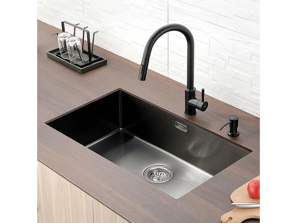 Lonheo Max Aanrecht Keuken1 Bak 74*44*20CM Inbouw, Bloem of Ondergrond Montage 304 RVS Gootsteen met Afvoersysteem, Zwart, EU Model