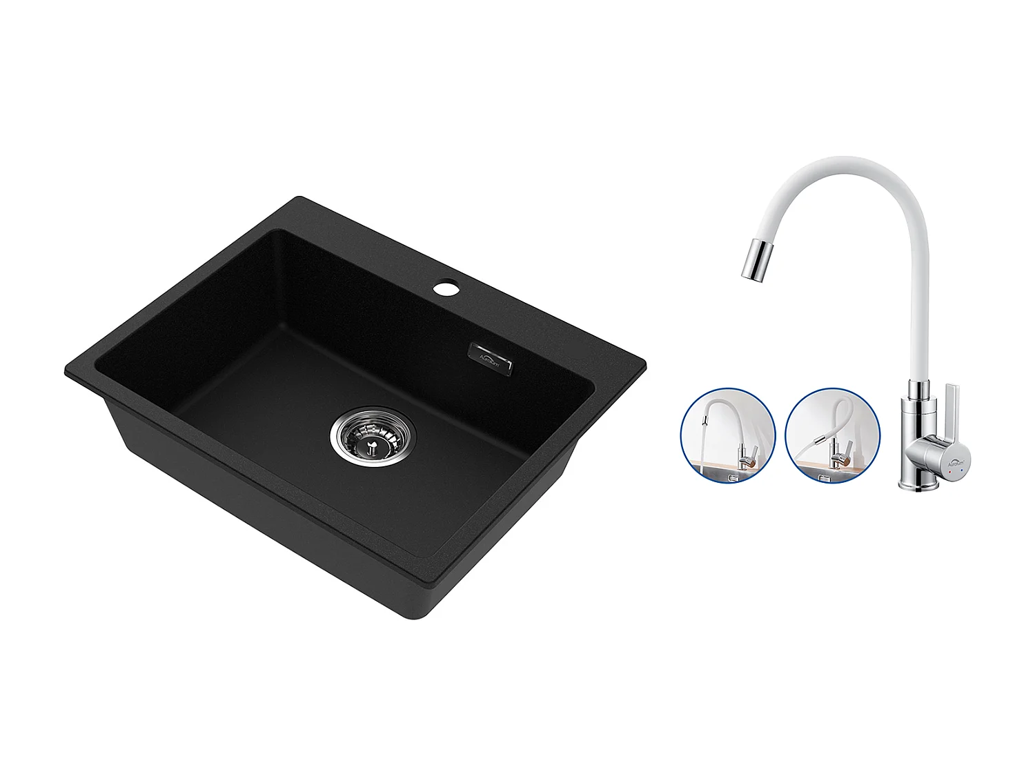 1 Bac Évier Cuisine en Granit,55*45*20cm,Kit de Vidage,Noir+Robinet de Cuisine Flexible Bec Haut Orientable Librement ,Blanc