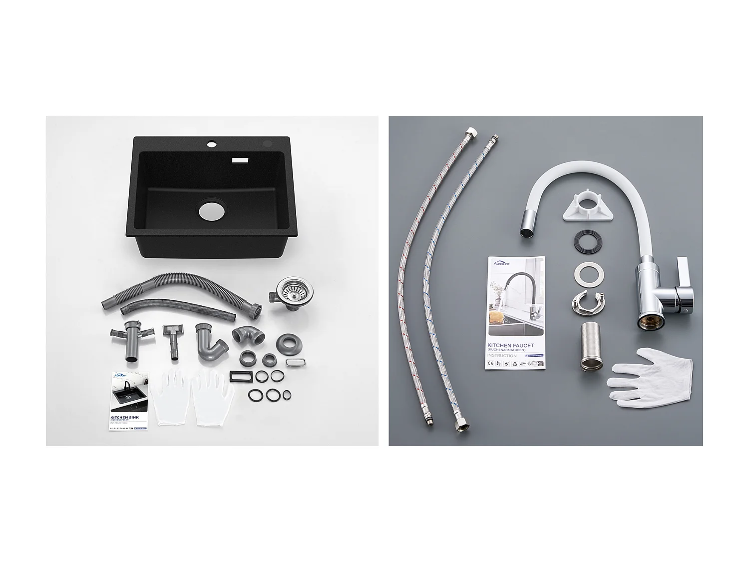 1 Bac Évier Cuisine en Granit,55*45*20cm,Kit de Vidage,Noir+Robinet de Cuisine Flexible Bec Haut Orientable Librement ,Blanc