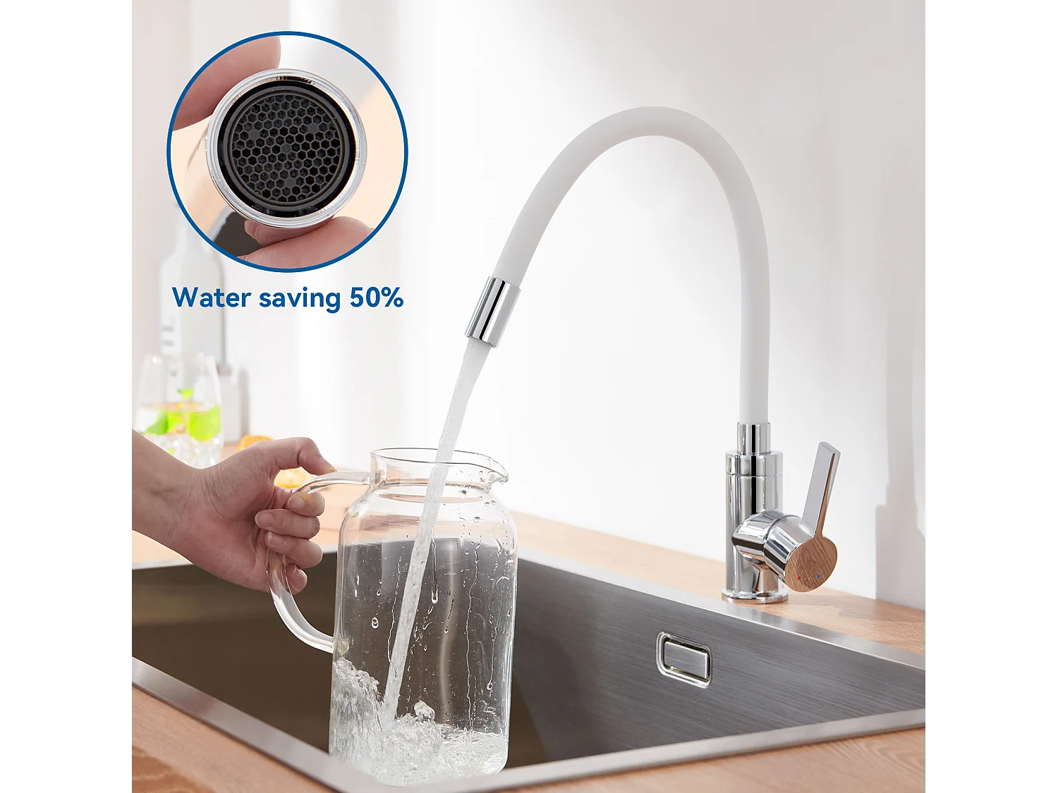 1 Bandeja Fregadero Cocina de Granito,55*45*20cm,Kit de Vaciado,Negro+Gripo de Cocina Flexible Boquilla Alta Orientable Libremente,Blanco