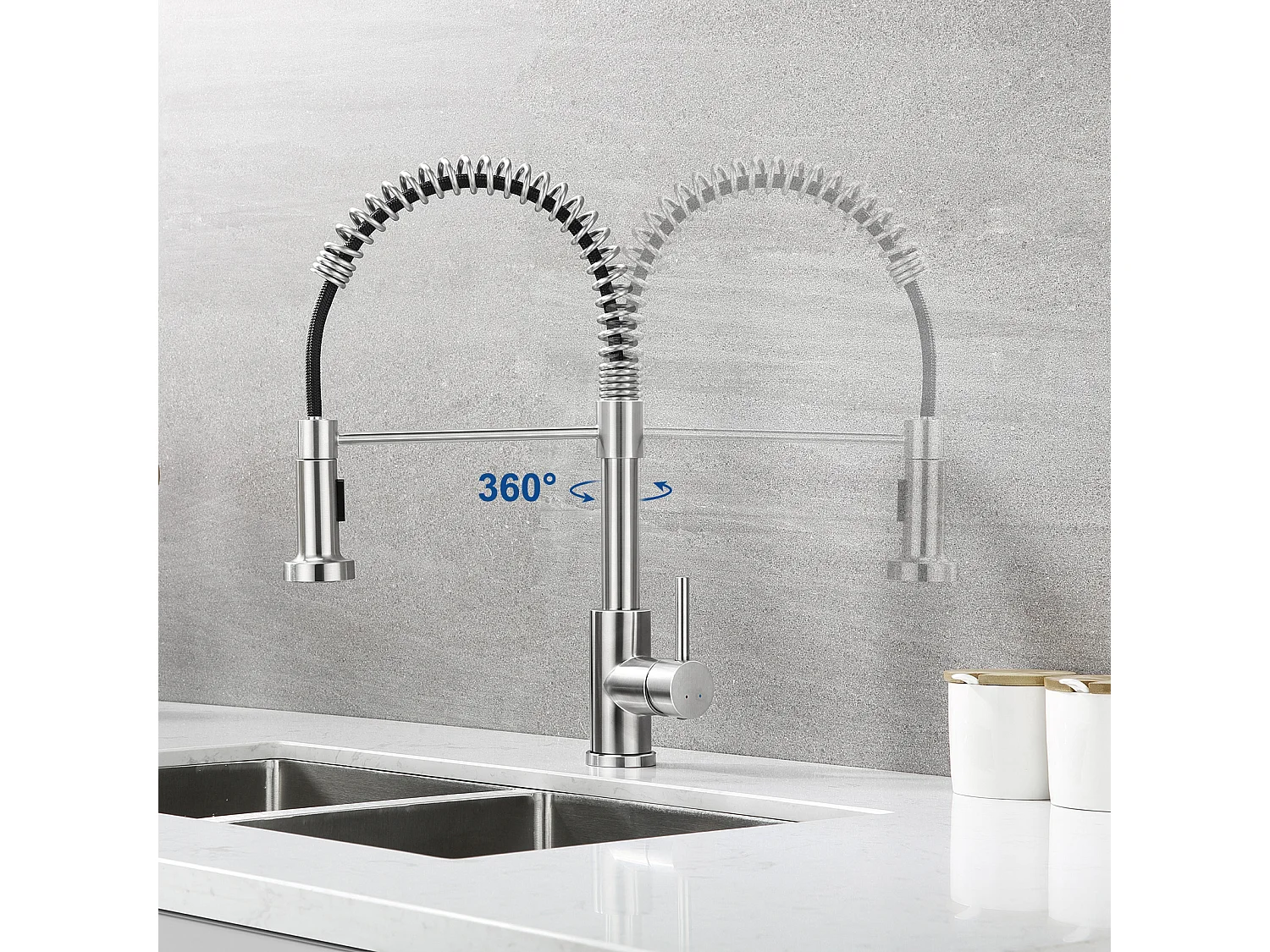 Évier Cuisine 1 Bac 70*44*19CM,à Encastrer/Fleur/Sous-Plan,avec Siphon/Trop-Plein+Robinet Cuisine Ressort avec Douchette Extensible,2 Modes,Brossé