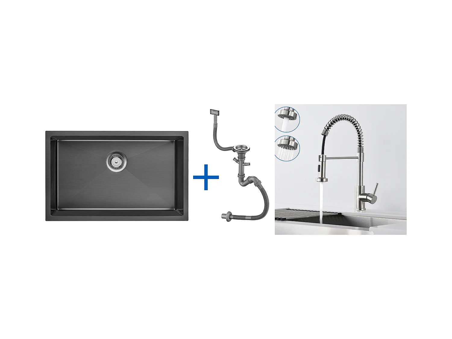 Évier Cuisine 1 Bac 70*44*19CM,à Encastrer/Fleur/Sous-Plan,avec Siphon/Trop-Plein+Robinet Cuisine Ressort avec Douchette Extensible,2 Modes,Brossé