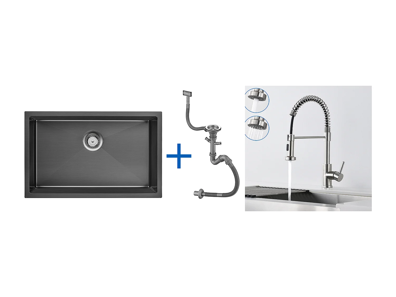 Fregadero Cocina 1Bandeja 70*44*19CM, para Empotrar/Fleur/Sous-Plan,con Sifón/Trop-Plein+Grifo Cocina Resorte con Ducha Extensible,2 Modos,Cepillado