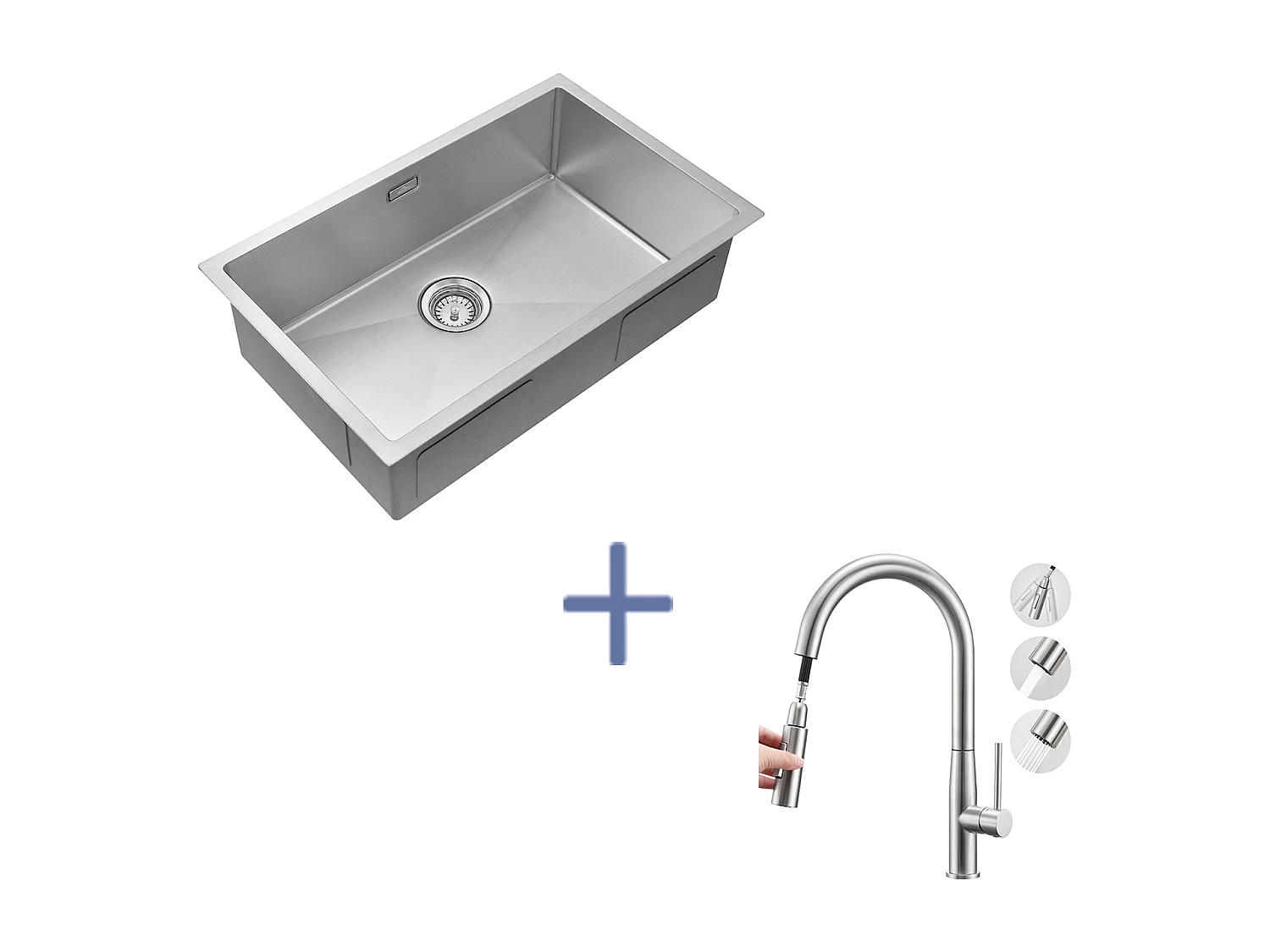 Évier Cuisine 1Bac 70*44*19CM,à Encastrer/Fleur/Sous-Plan,avec Siphon/Trop-Plein+MitigeurCuisine,Douchette Extractible,2 Modes,EauFroide/Chaude,Brossé