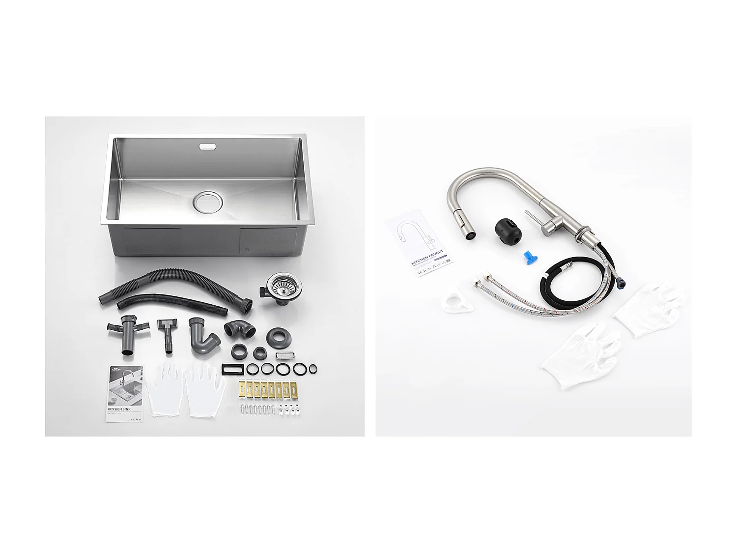 Évier Cuisine 1Bac 70*44*19CM,à Encastrer/Fleur/Sous-Plan,avec Siphon/Trop-Plein+MitigeurCuisine,Douchette Extractible,2 Modes,EauFroide/Chaude,Brossé