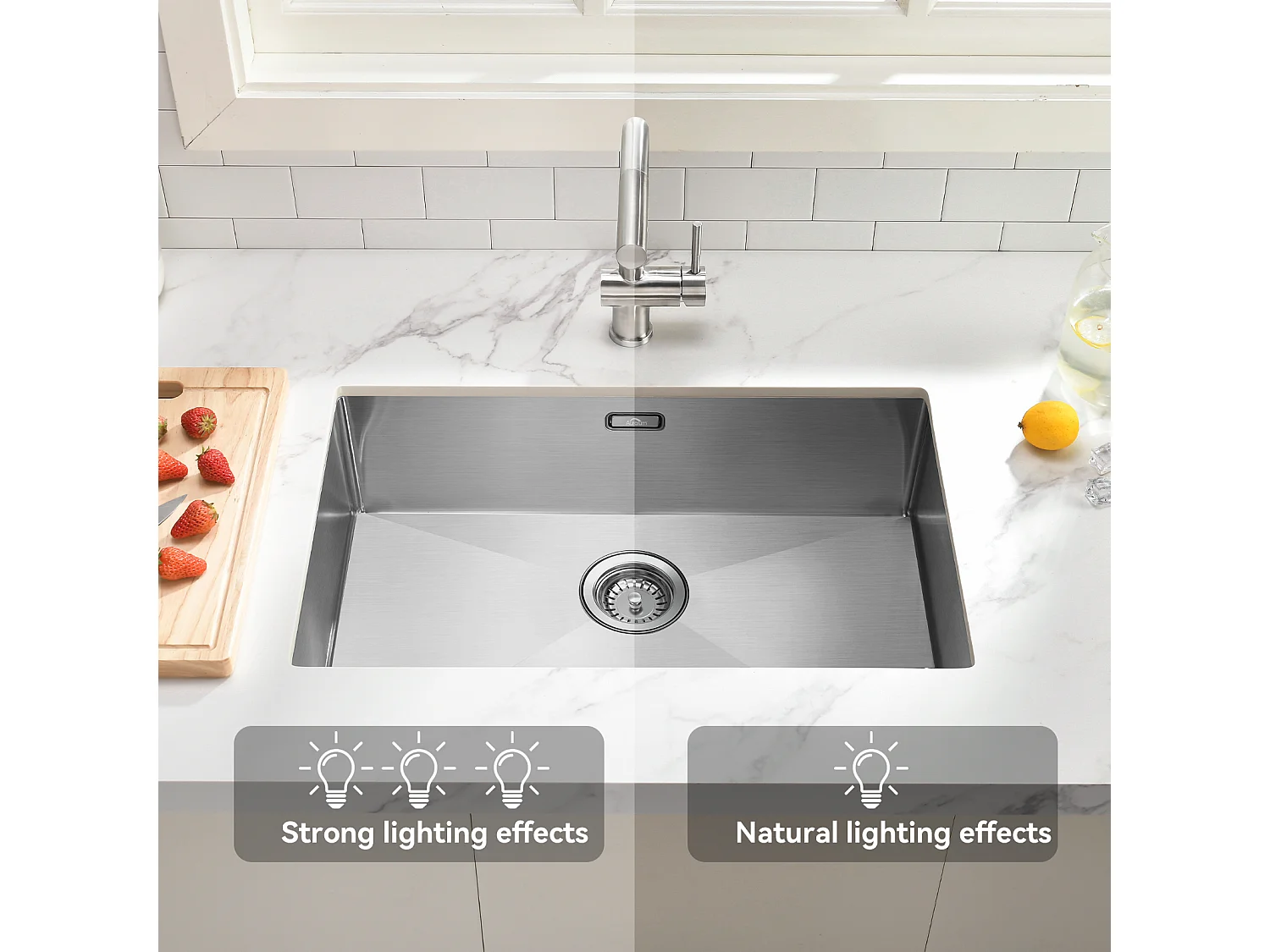 Évier Cuisine 1Bac 70*44*19CM,à Encastrer/Fleur/Sous-Plan,avec Siphon/Trop-Plein+MitigeurCuisine,Douchette Extractible,2 Modes,EauFroide/Chaude,Brossé