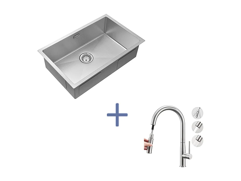 Évier Cuisine 1Bac 70*44*19CM,à Encastrer/Fleur/Sous-Plan,avec Siphon/Trop-Plein+MitigeurCuisine,Douchette Extractible,2 Modes,EauFroide/Chaude,Brossé