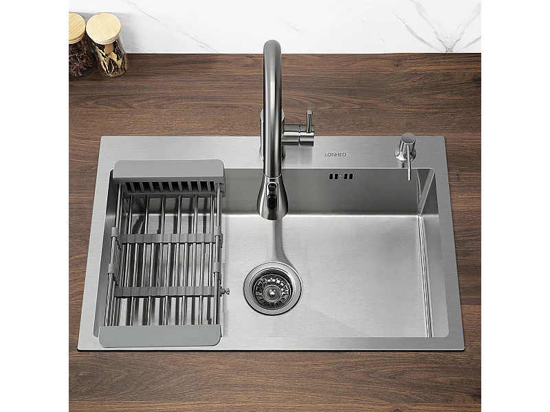 Fregadero Cocina 1 Bandeja 68*45*19CM INOX Demasiado Lleno Fregadero Empotrable, con Distributor Jabón y Escurridor Cesta, Cepillado,Modelo UE