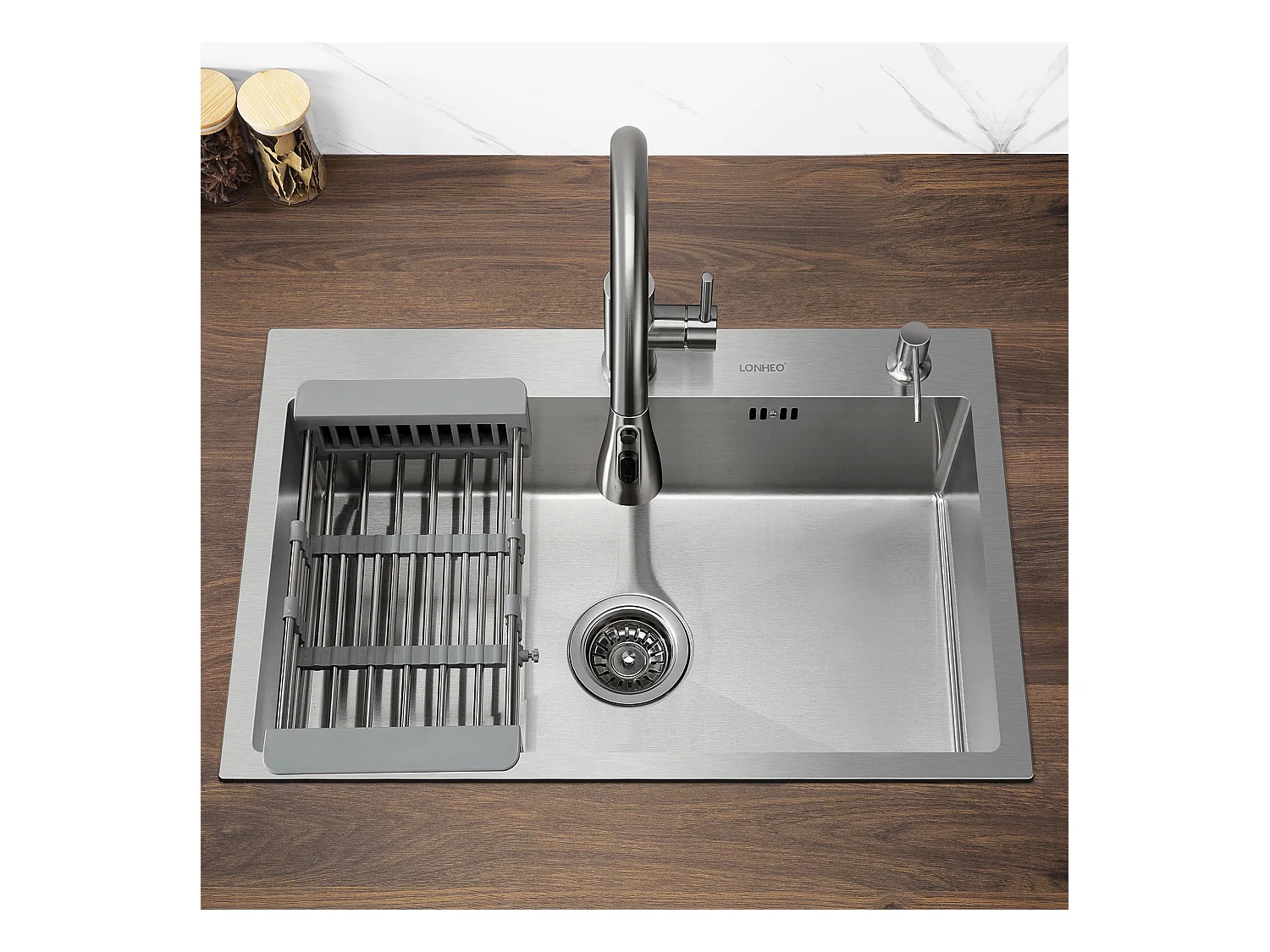 AanspoelbakSine 1 Bak 68*45*19CM INOX Overvolle Inbouwgootsteen, met Zeepdispenser en Afdruiprek Mand, Geborsteld, EU Model