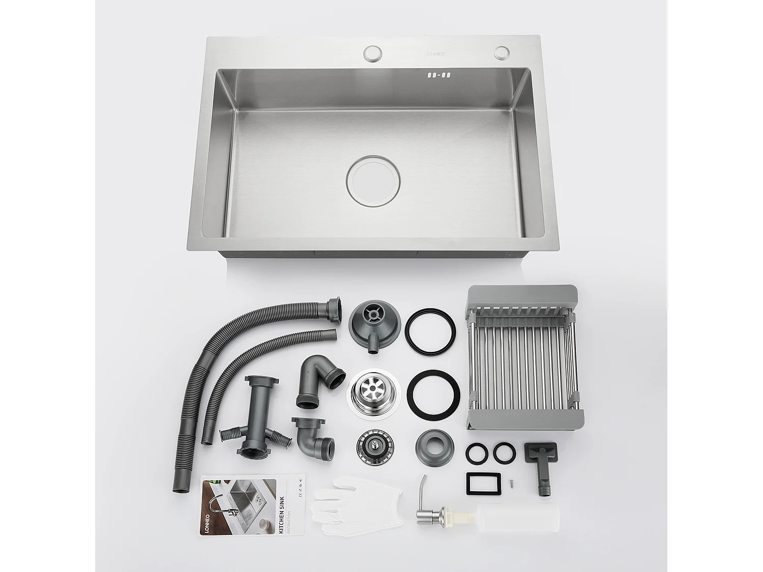 Évier Cuisine 1 Bac 68*45*19CM INOX Trop Plein Évier à Encastrer,  avec Distrubuteur Savon et Égouttoir Panier, Brossé,EU Modèle