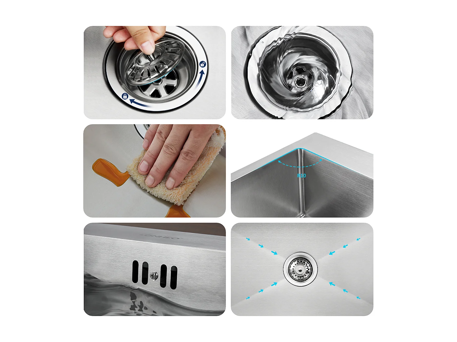 Évier Cuisine 1 Bac 68*45*19CM INOX Trop Plein Évier à Encastrer,  avec Distrubuteur Savon et Égouttoir Panier, Brossé,EU Modèle