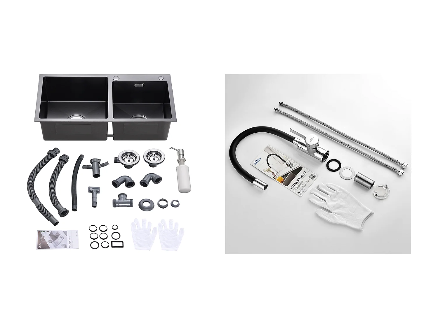 2 en 1 Évier de Cuisine 2 Bac ,Noir,75x45x19cm,Encastré/ à Poser avec Distributeur de Savon+Robinet de Cuisine Flexible Bec Haut Orientable