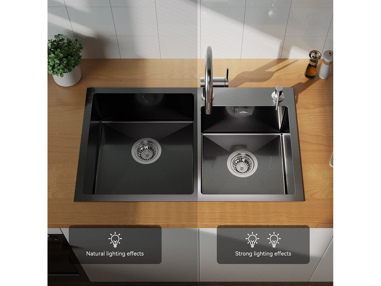 2 en 1 Évier de Cuisine 2 Bac ,Noir,75x45x19cm,Encastré/ à Poser avec Distributeur de Savon+Robinet de Cuisine Flexible Bec Haut Orientable