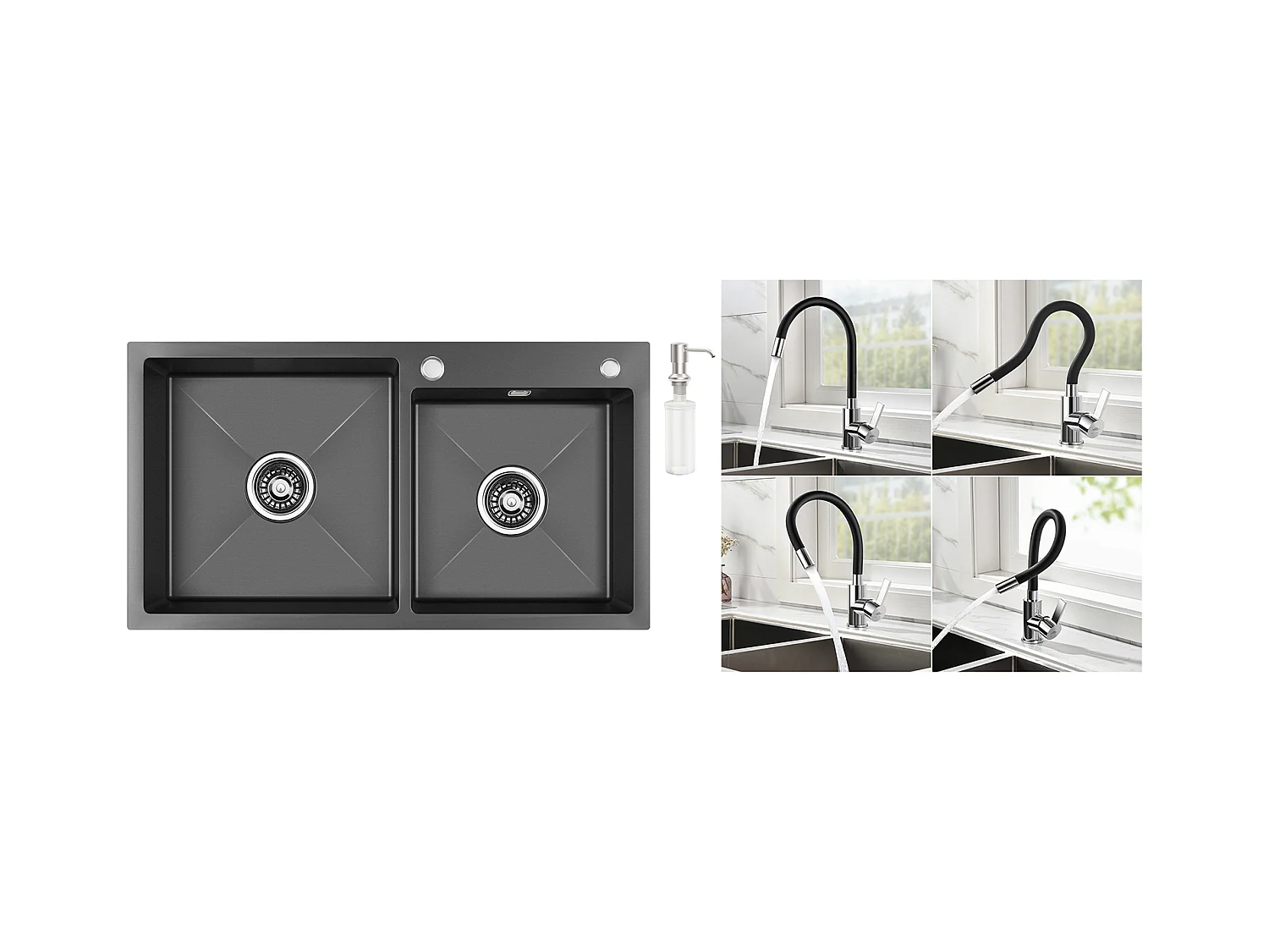 2 en 1 Évier de Cuisine 2 Bac ,Noir,75x45x19cm,Encastré/ à Poser avec Distributeur de Savon+Robinet de Cuisine Flexible Bec Haut Orientable