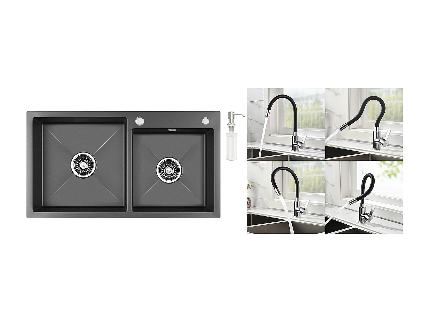 2 in 1 Aanrecht 2 Bak, Zwart,75x45x19cm, Inbouw/ Opzet met Zeepdispenser+Flexibele keukenkraan met hoge richtbare uitloop