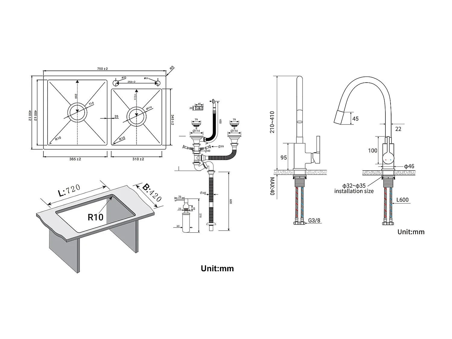 2 in 1 Aanrecht 2 Bak, Zwart,75x45x19cm, Inbouw/ Opzet met Zeepdispenser+Flexibele keukenkraan met hoge richtbare uitloop