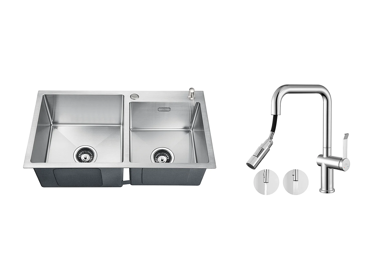 Lavello Cucina 2 Vassoio 75x45x19cm,Incasso/da Posare con Distributore di Sapone+Rubinetto Cucina con Doccetta Estraibile, 2 Funzioni,Cromato